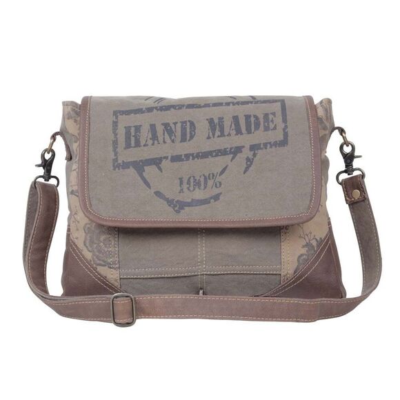 Myra Bag Handmade Wildest  Messenger Bag Upcycled Canvas & Cowhide Leather - Picture 7 of 9